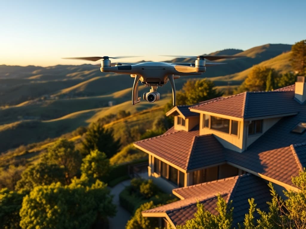 Drone flying over a Marin County home capturing roof inspection imagery