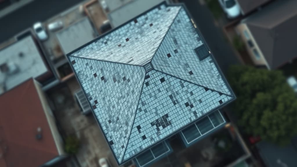 Low-resolution satellite photo of a roof — the kind insurers use to deny coverage